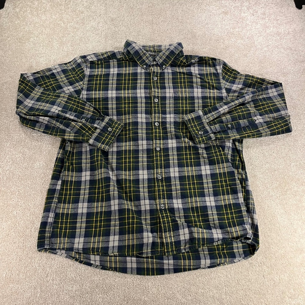 Eddie Bauer Flannel Shirt Mens XL Navy Green Plaid Relaxed Fit Cotton